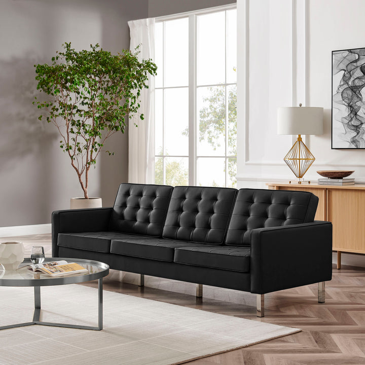 Loft Tufted Vegan Leather Sofa in Silver Black