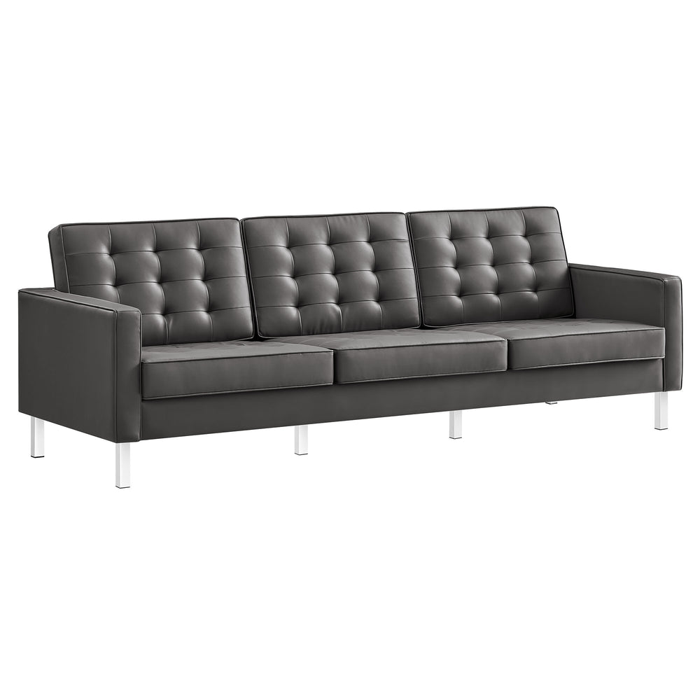 Loft Tufted Vegan Leather Sofa in Silver Gray