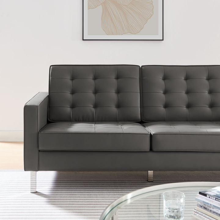 Loft Tufted Vegan Leather Sofa in Silver Gray