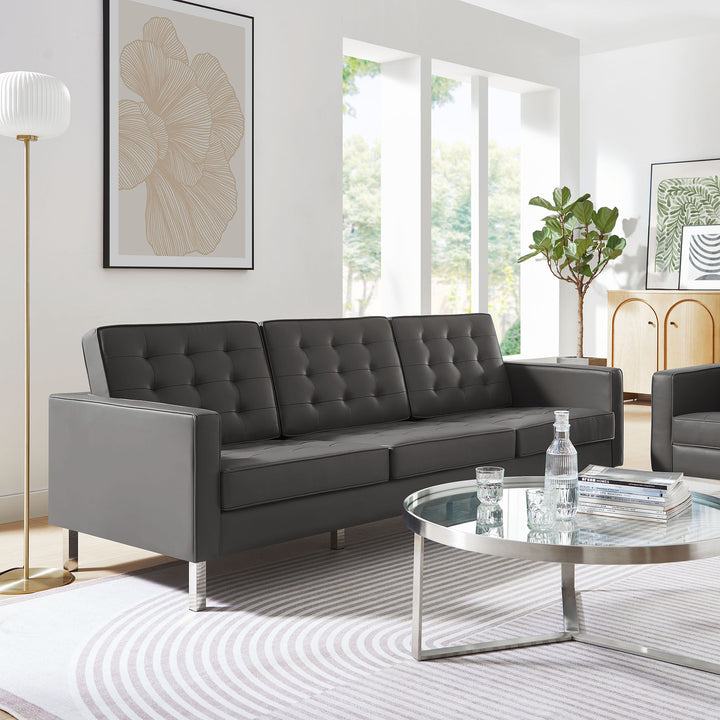 Loft Tufted Vegan Leather Sofa in Silver Gray
