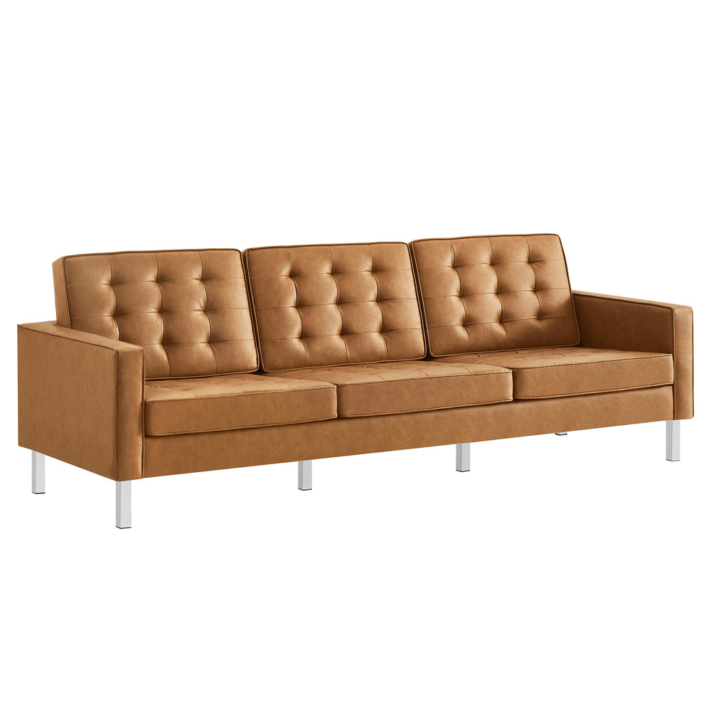 Loft Tufted Vegan Leather Sofa in Silver Tan