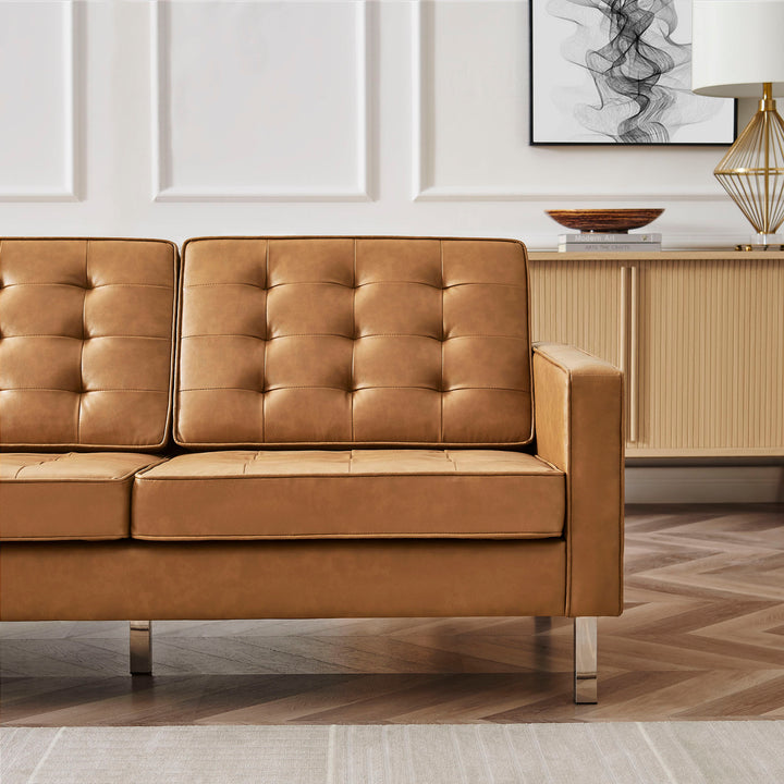 Loft Tufted Vegan Leather Sofa in Silver Tan