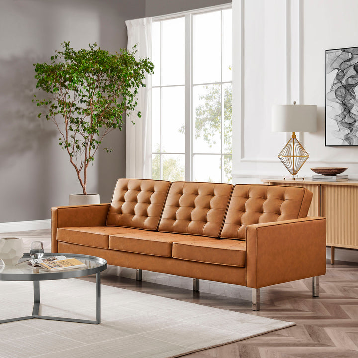 Loft Tufted Vegan Leather Sofa in Silver Tan