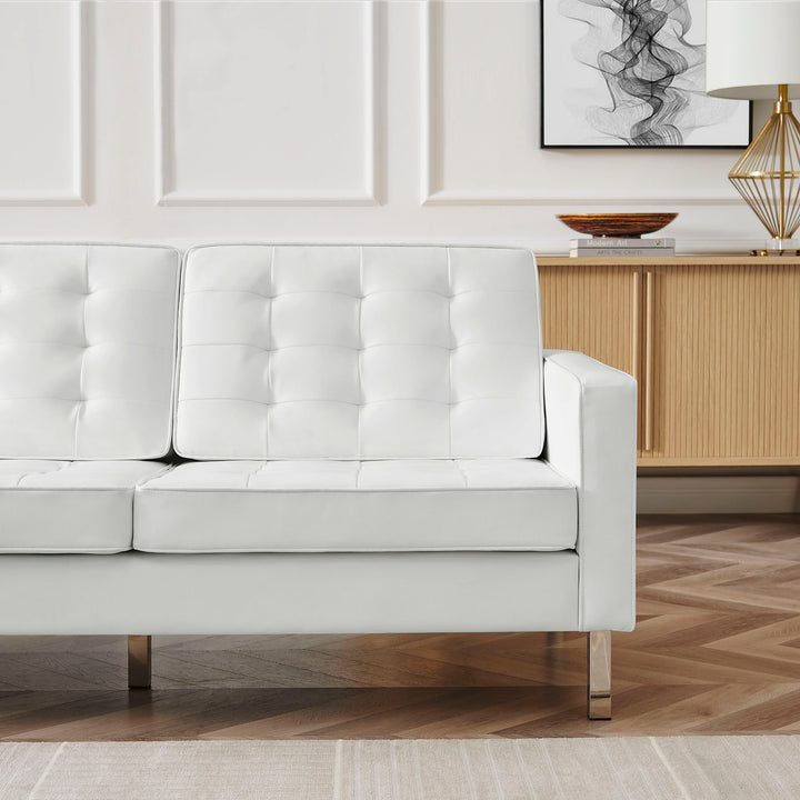Loft Tufted Vegan Leather Sofa in Silver White