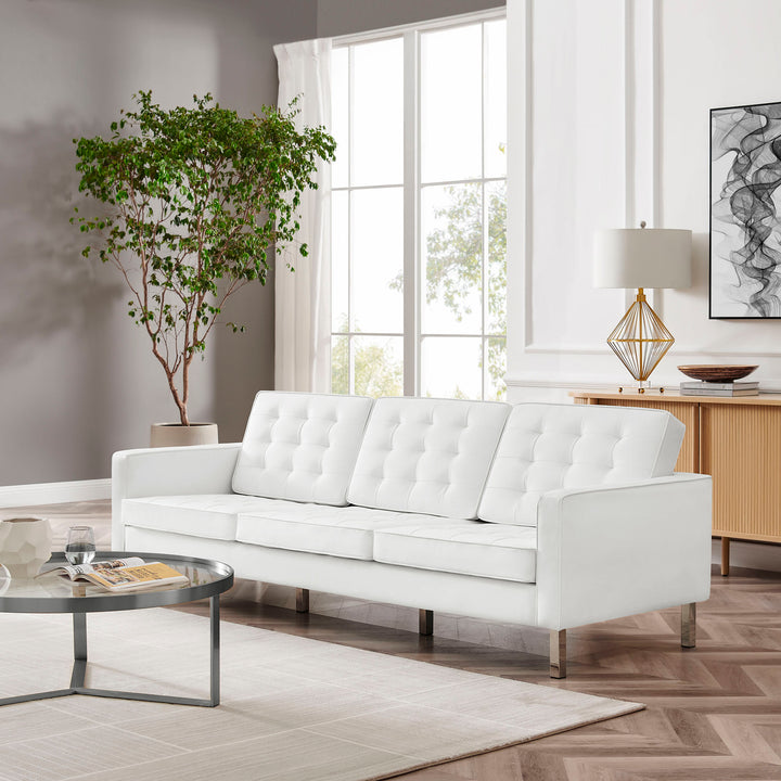 Loft Tufted Vegan Leather Sofa in Silver White