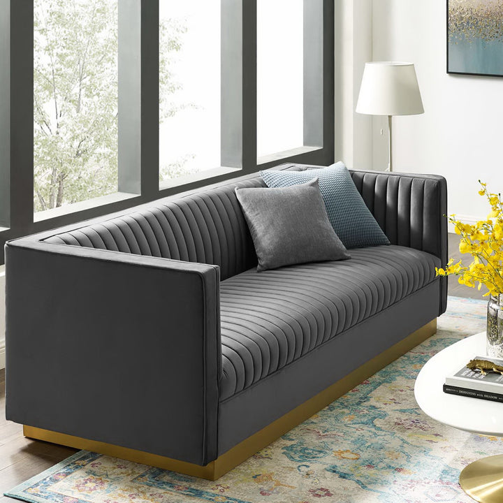 Sanguine Vertical Channel Tufted Performance Velvet Sofa in Gray