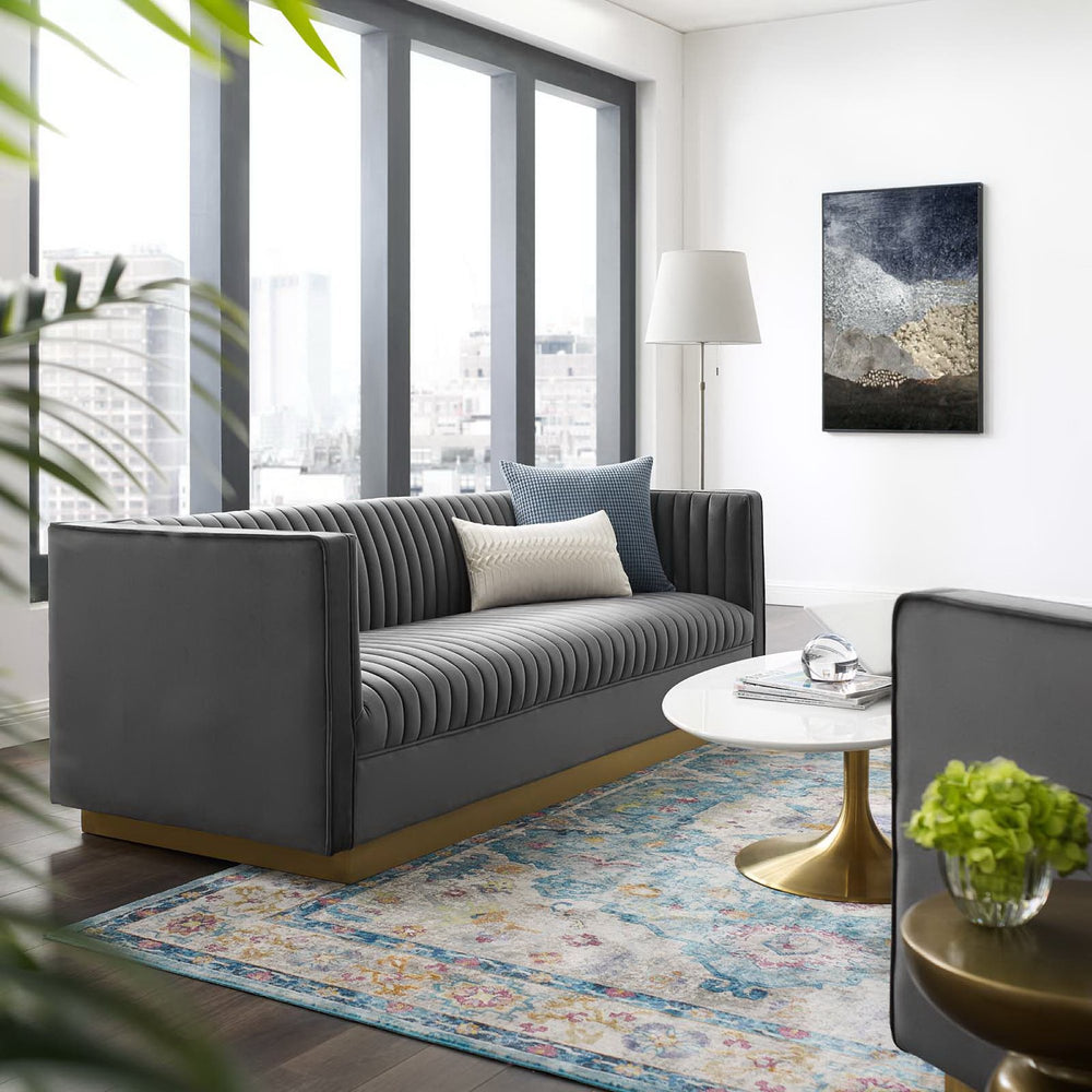 Sanguine Vertical Channel Tufted Performance Velvet Sofa in Gray