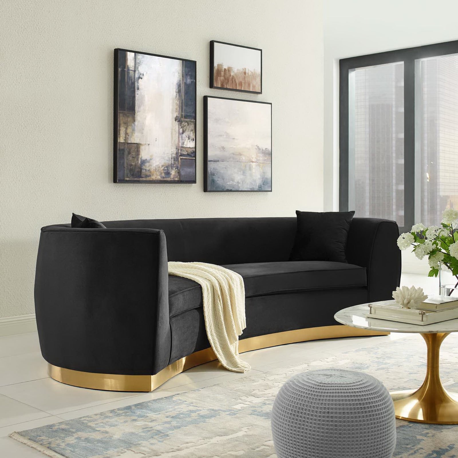 Resolute Curved Performance Velvet Sofa in Black