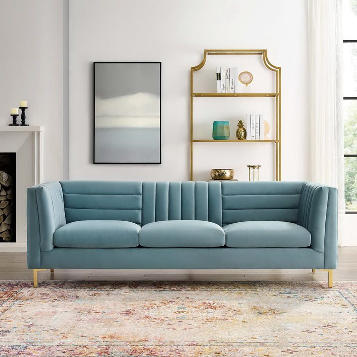 Ingenuity Channel Tufted Performance Velvet Sofa in Light Blue