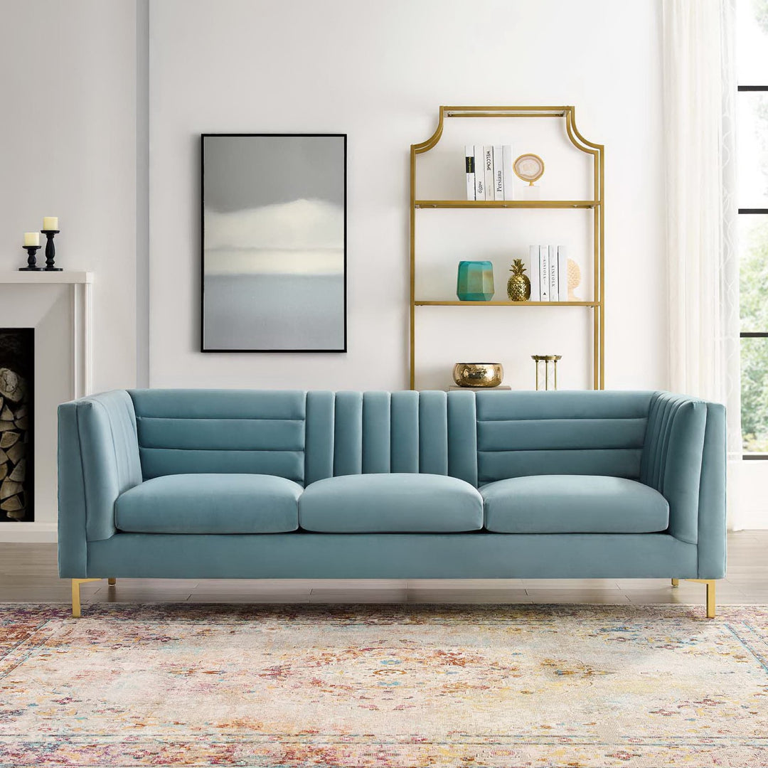 Ingenuity Channel Tufted Performance Velvet Sofa in Light Blue
