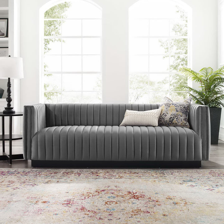 Conjure Channel Tufted Velvet Sofa in Gray