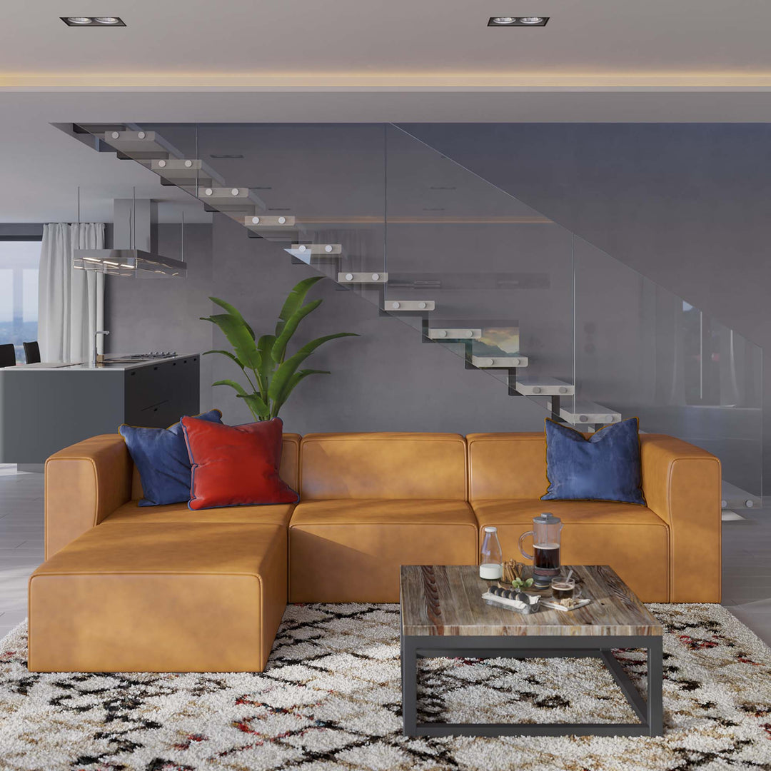Mingle Vegan Leather Sofa and Ottoman Set in Tan