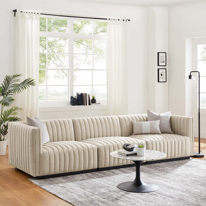 Conjure Channel Tufted Upholstered Fabric Sofa in Black Beige