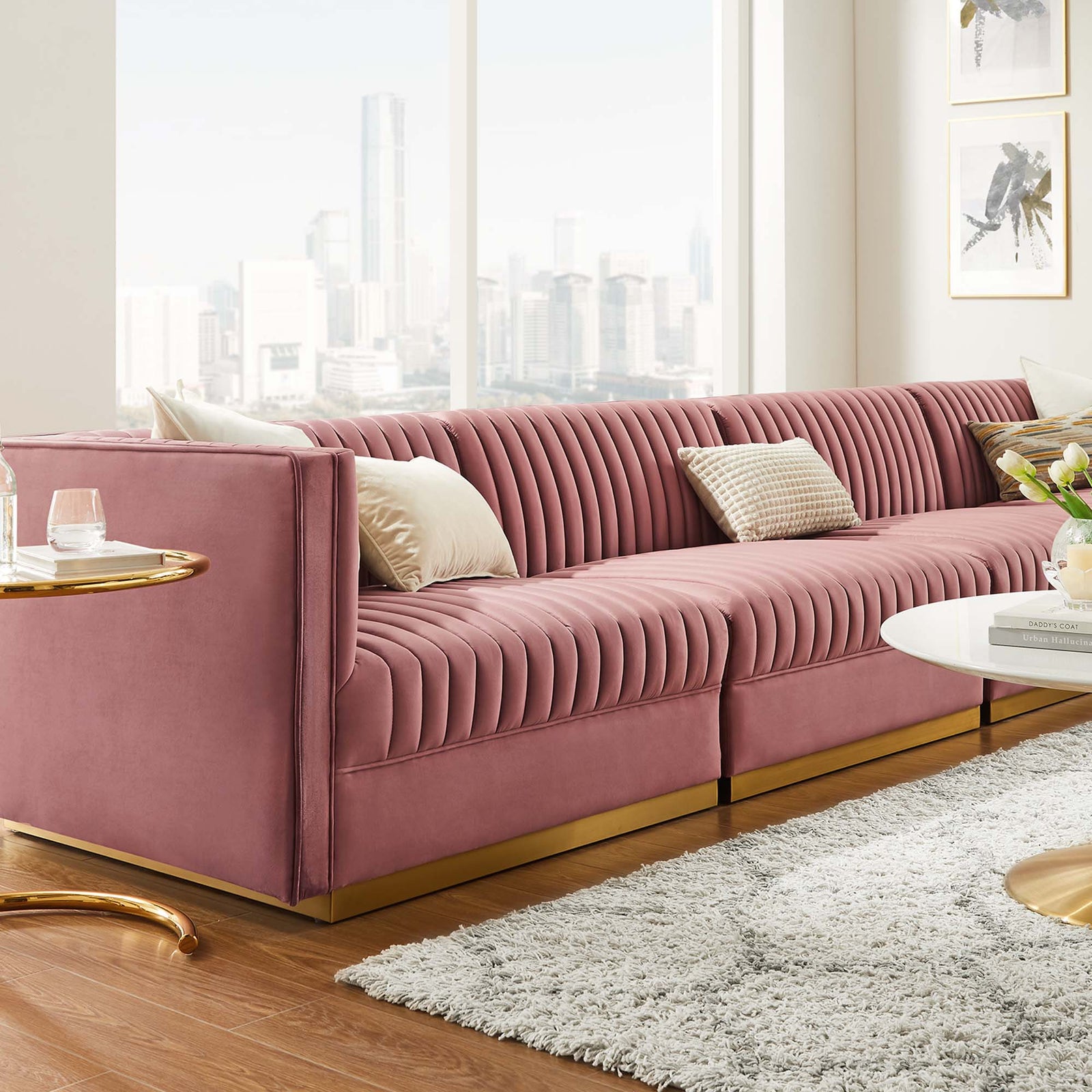 Sanguine Channel Tufted Performance Velvet 4-Seat Modular Sectional Sofa in Dusty Rose
