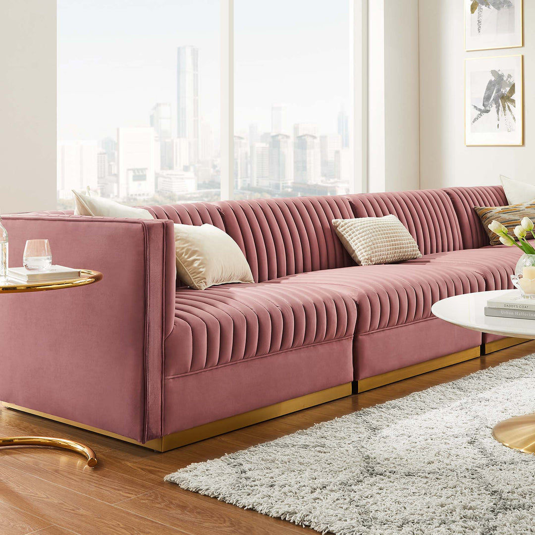 Sanguine Channel Tufted Performance Velvet 4-Seat Modular Sectional Sofa in Dusty Rose