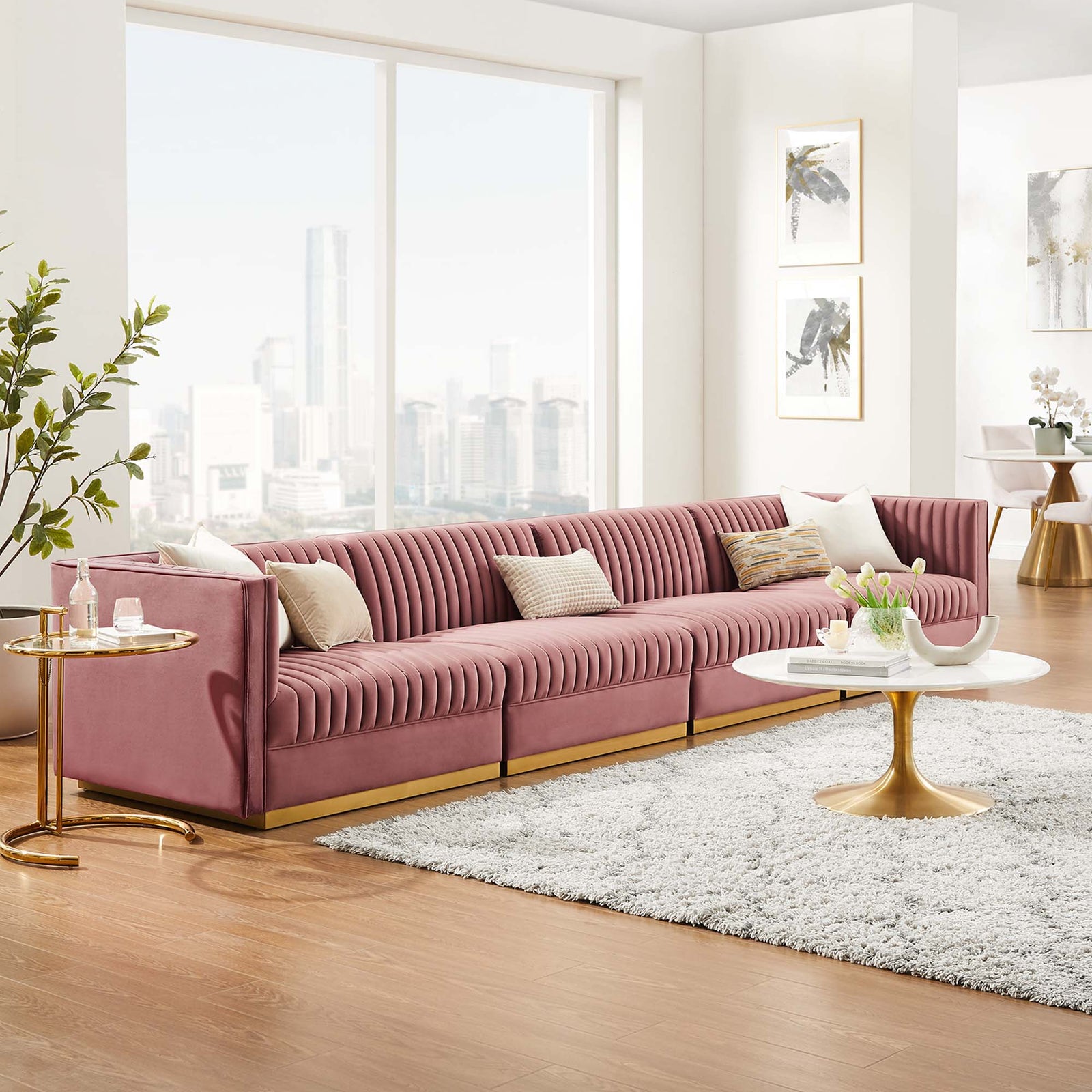 Sanguine Channel Tufted Performance Velvet 4-Seat Modular Sectional Sofa in Dusty Rose