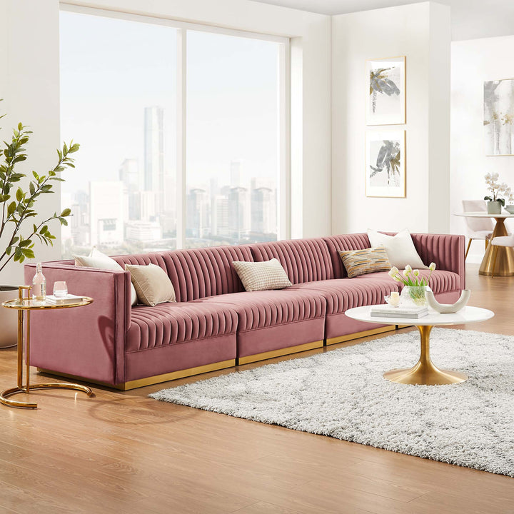 Sanguine Channel Tufted Performance Velvet 4-Seat Modular Sectional Sofa in Dusty Rose
