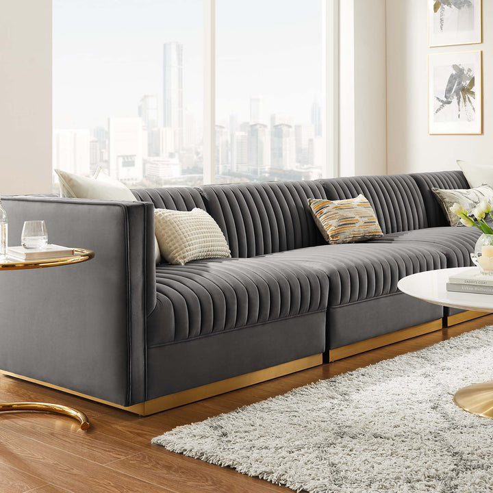 Sanguine Channel Tufted Performance Velvet 4-Seat Modular Sectional Sofa in Gray
