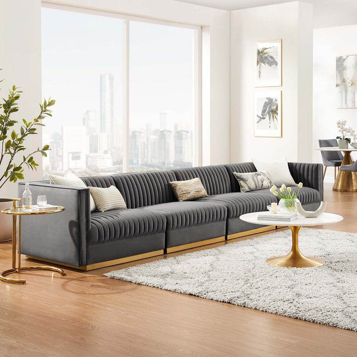 Sanguine Channel Tufted Performance Velvet 4-Seat Modular Sectional Sofa in Gray