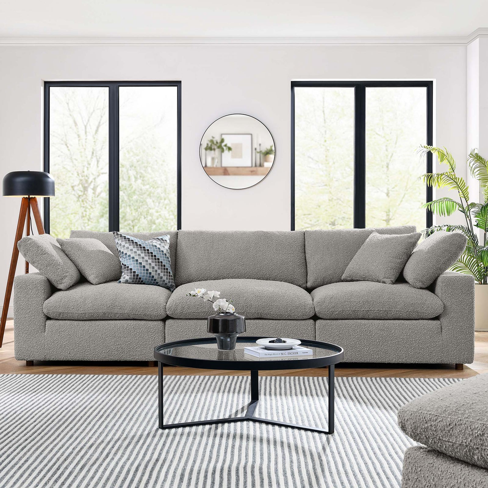 Commix Down Filled Overstuffed Boucle Fabric 3-Seater Sofa in Light Gray