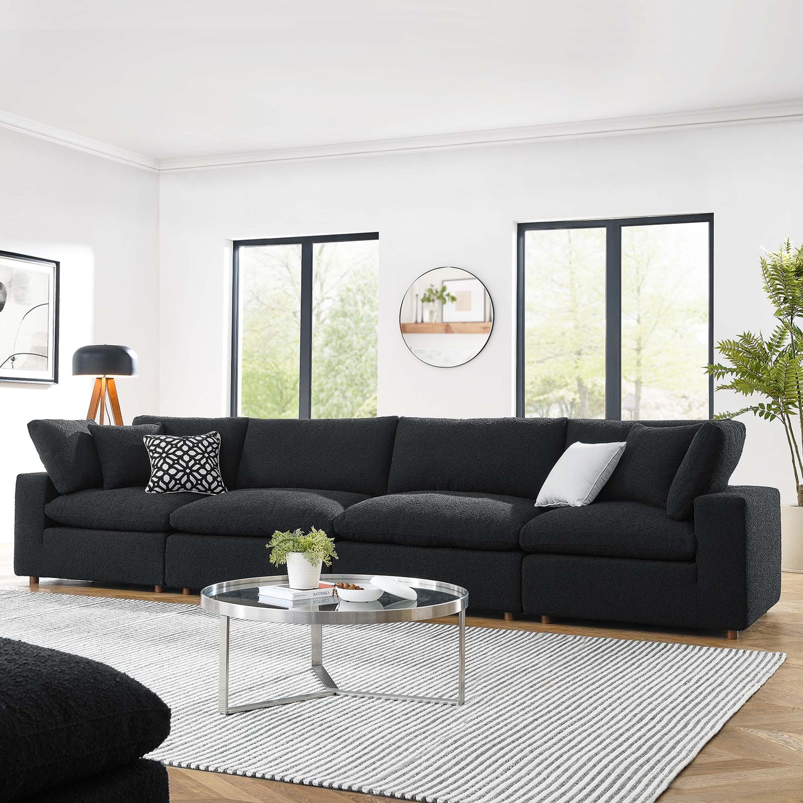 Commix Down Filled Overstuffed Boucle Fabric 4-Seater Sofa in Black