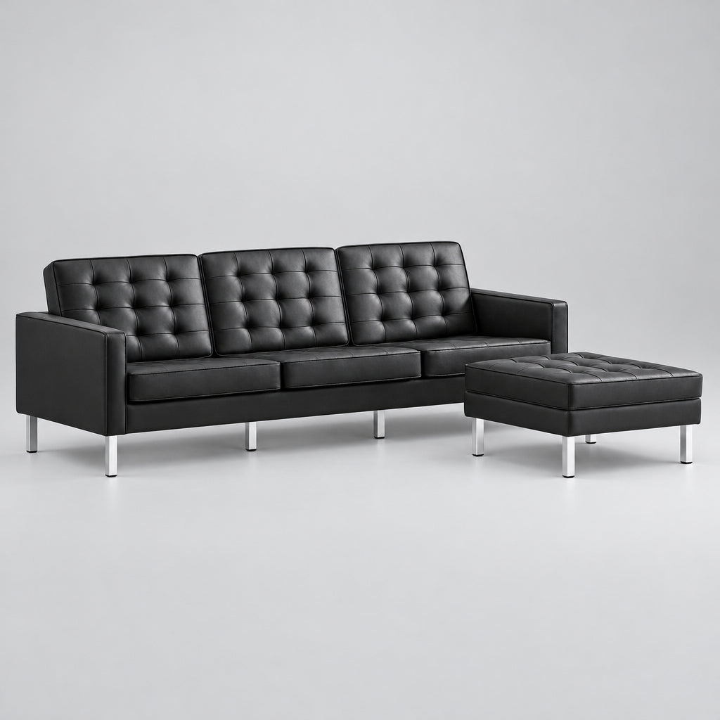 Loft Tufted Vegan Leather Sofa and Ottoman Set in Silver Black
