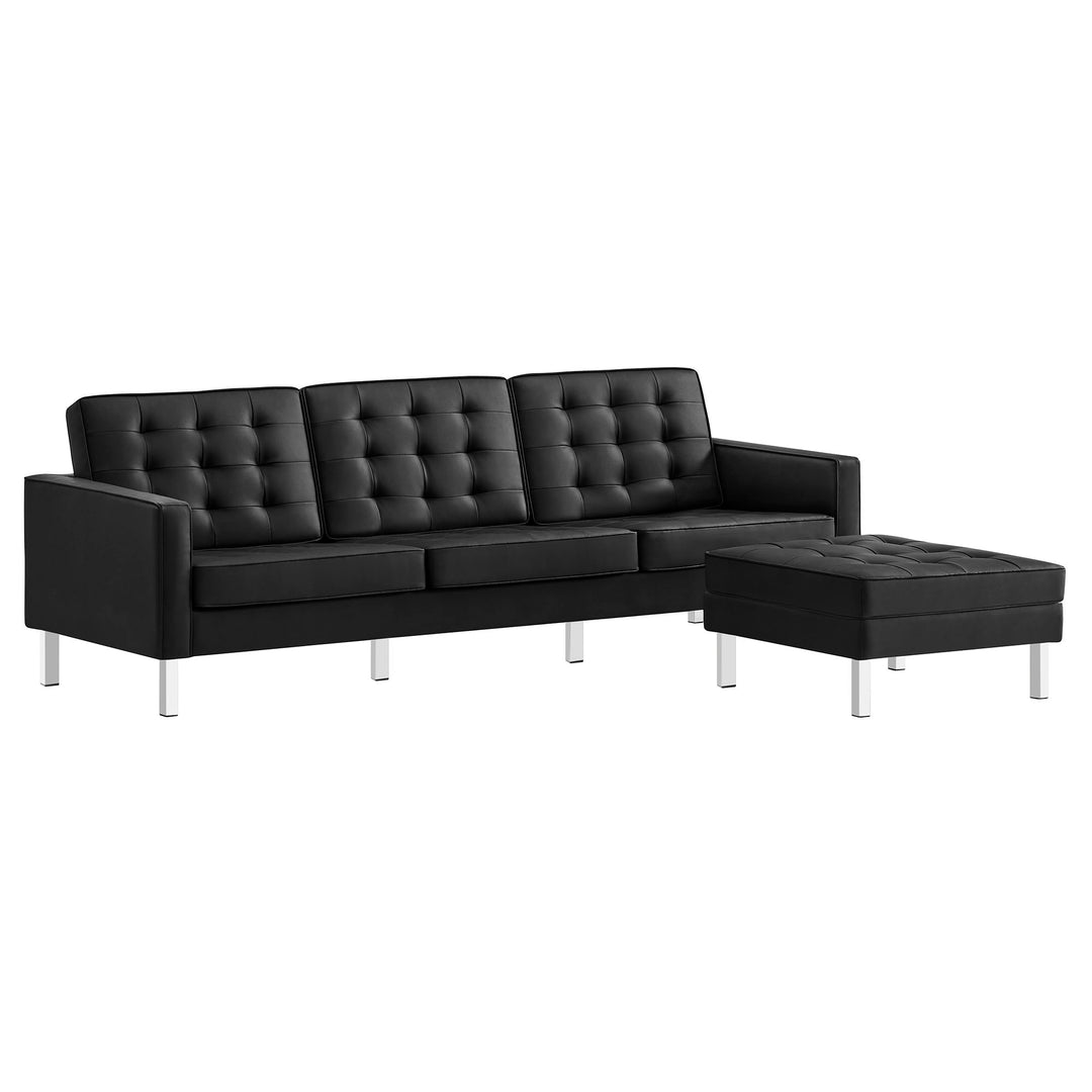 Loft Tufted Vegan Leather Sofa and Ottoman Set in Silver Black