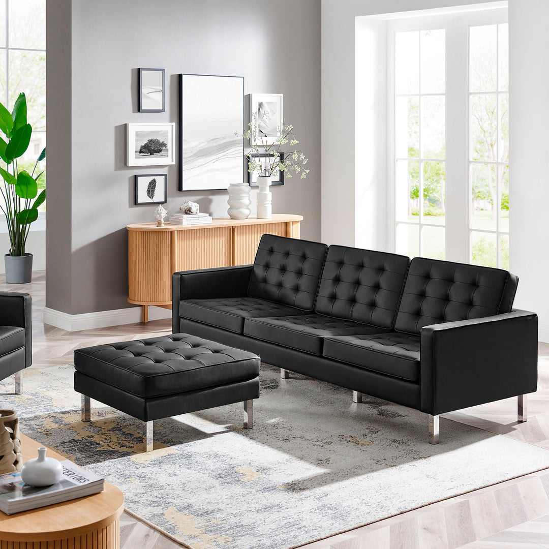 Loft Tufted Vegan Leather Sofa and Ottoman Set in Silver Black