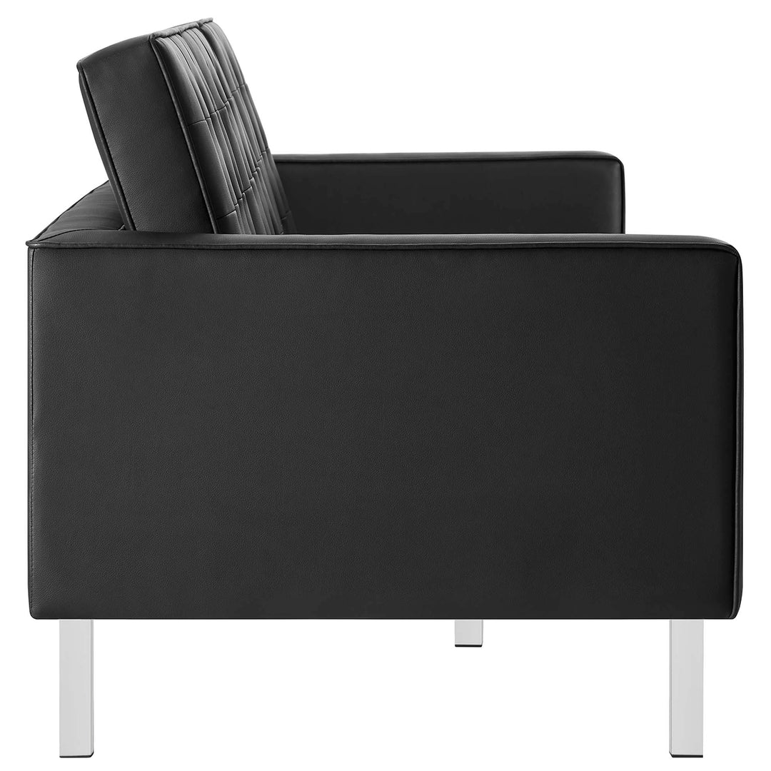 Loft Tufted Vegan Leather Sofa and Ottoman Set in Silver Black