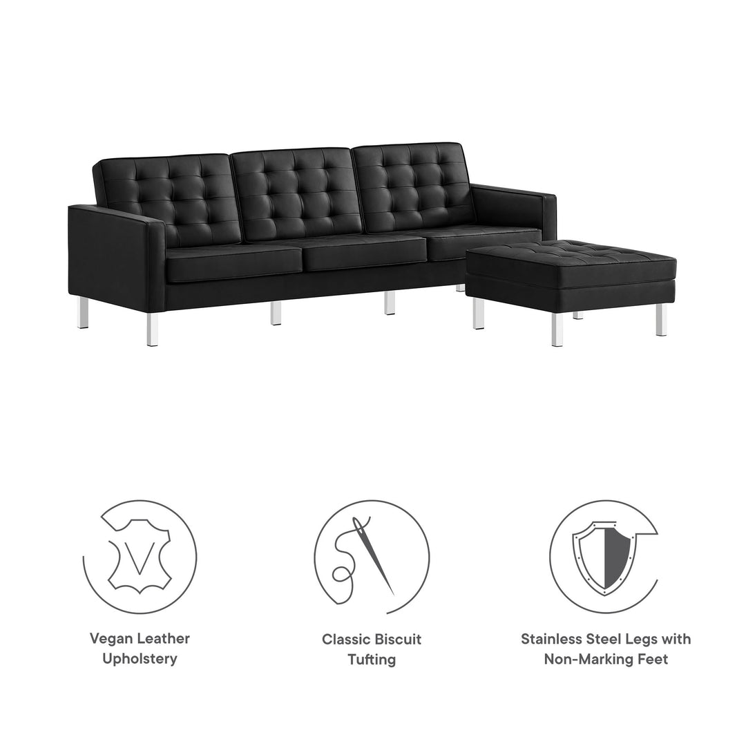 Loft Tufted Vegan Leather Sofa and Ottoman Set in Silver Black