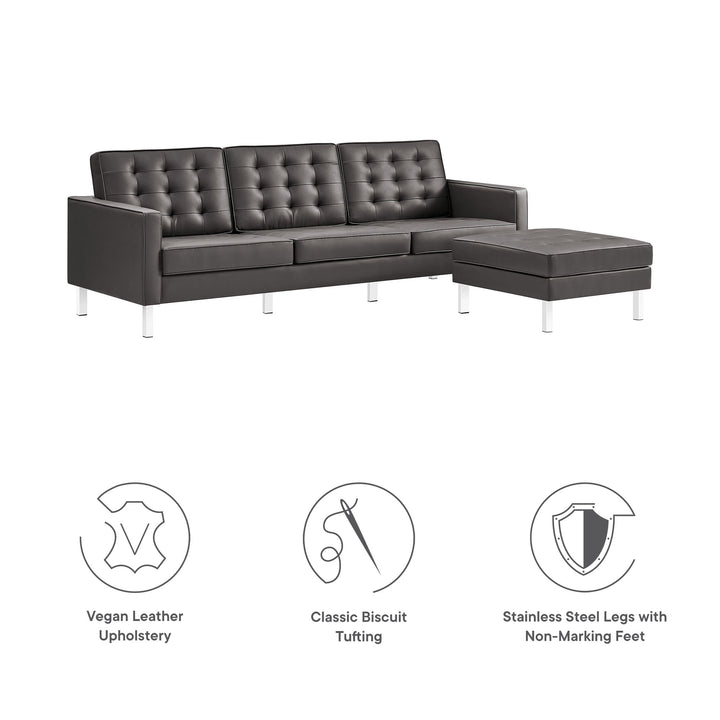Loft Tufted Vegan Leather Sofa and Ottoman Set in Silver Gray