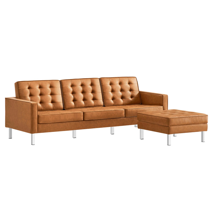 Loft Tufted Vegan Leather Sofa and Ottoman Set in Silver Tan