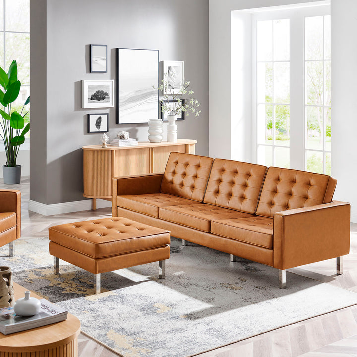 Loft Tufted Vegan Leather Sofa and Ottoman Set in Silver Tan