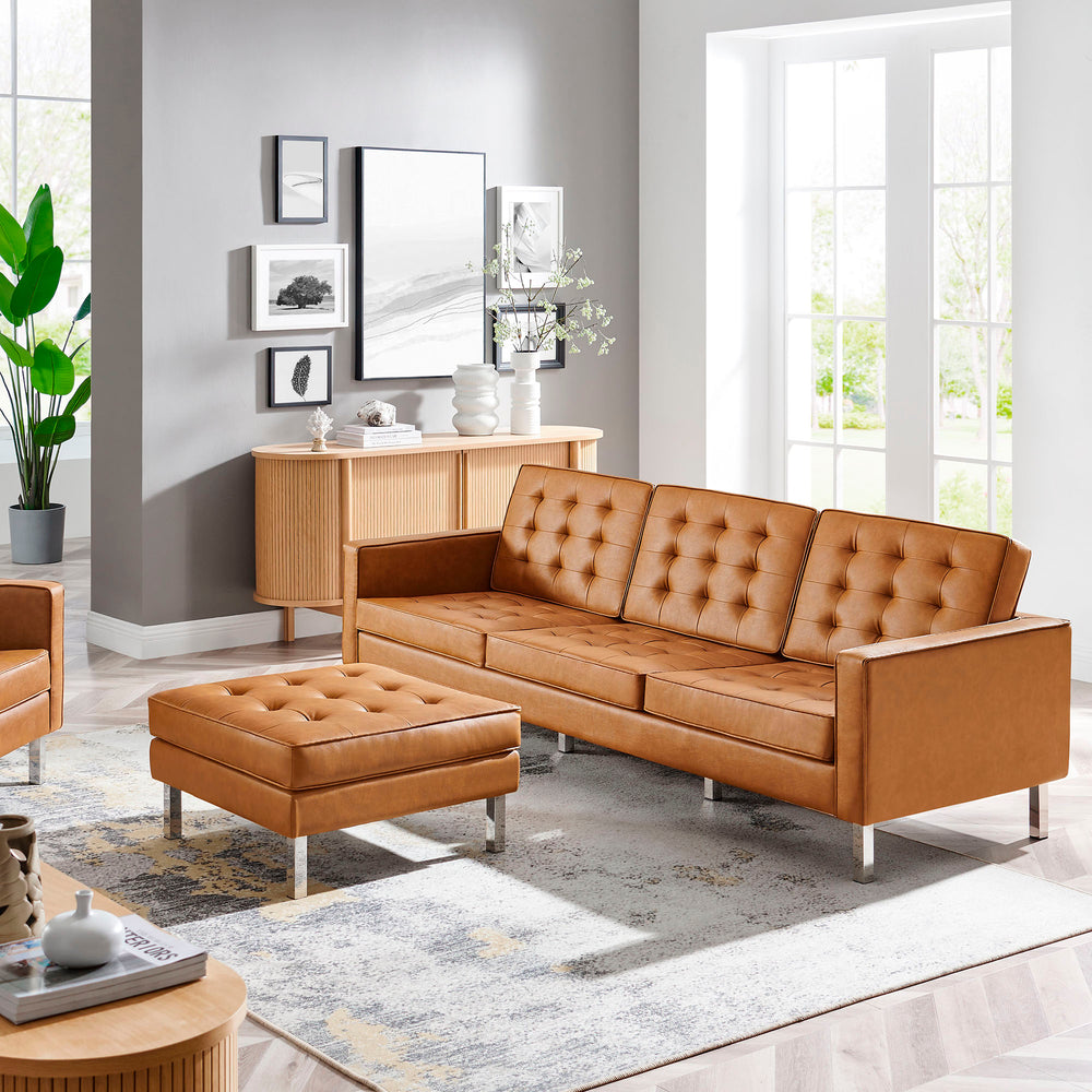 Loft Tufted Vegan Leather Sofa and Ottoman Set in Silver Tan