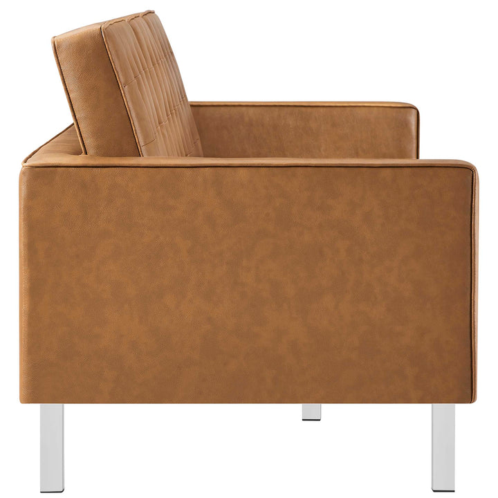 Loft Tufted Vegan Leather Sofa and Ottoman Set in Silver Tan