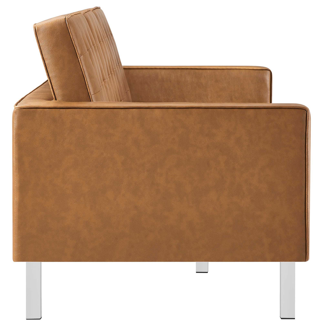 Loft Tufted Vegan Leather Sofa and Ottoman Set in Silver Tan