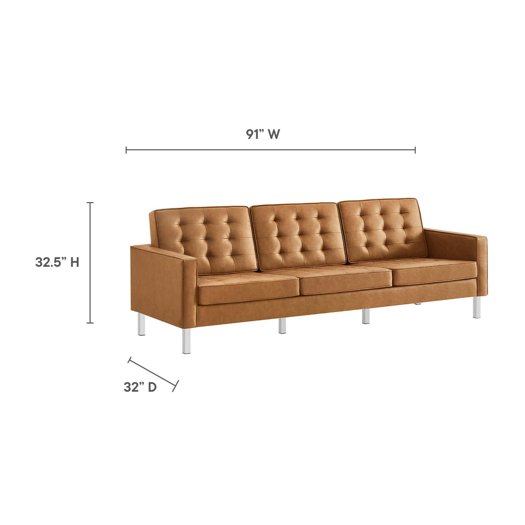Loft Tufted Vegan Leather Sofa and Ottoman Set in Silver Tan