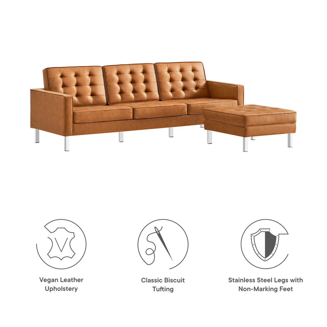 Loft Tufted Vegan Leather Sofa and Ottoman Set in Silver Tan
