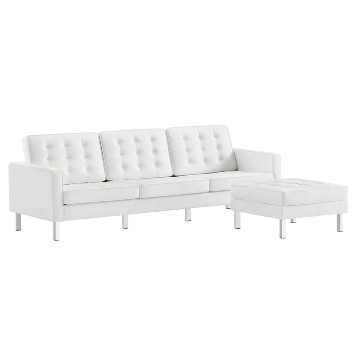 Loft Tufted Vegan Leather Sofa and Ottoman Set in Silver White
