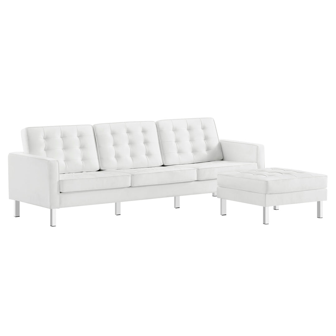 Loft Tufted Vegan Leather Sofa and Ottoman Set in Silver White