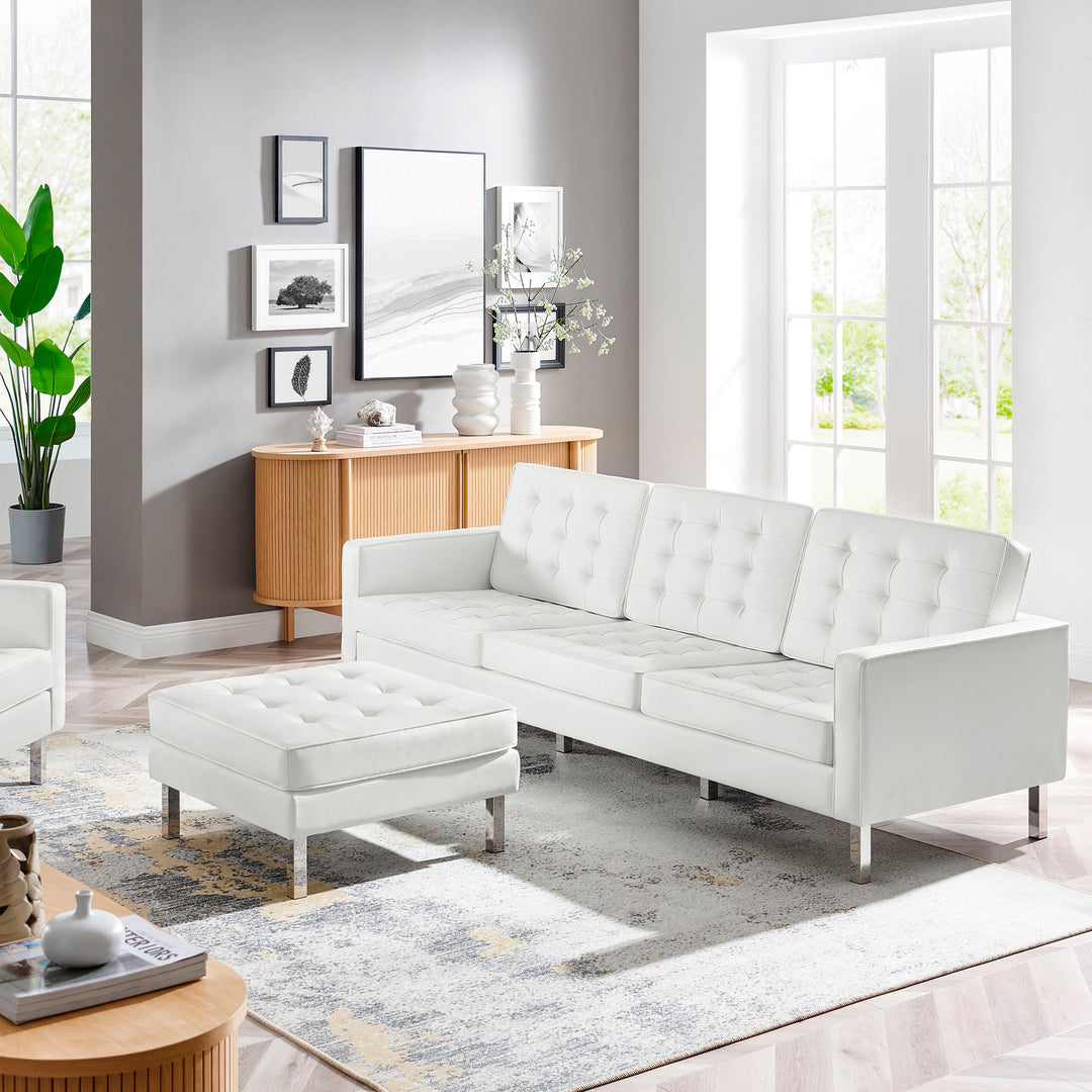 Loft Tufted Vegan Leather Sofa and Ottoman Set in Silver White