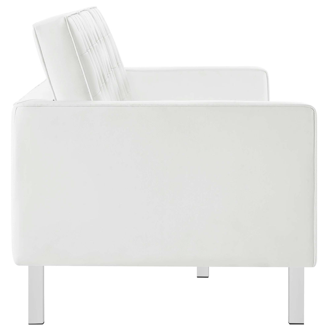Loft Tufted Vegan Leather Sofa and Ottoman Set in Silver White
