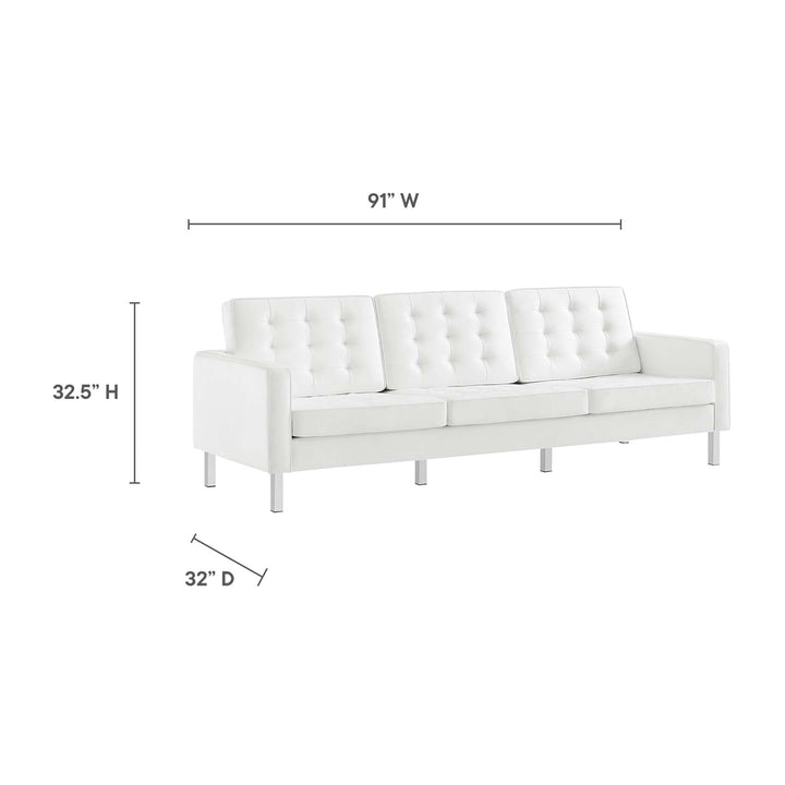 Loft Tufted Vegan Leather Sofa and Ottoman Set in Silver White