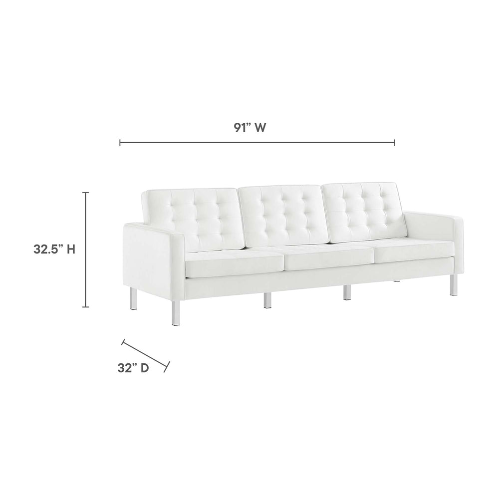 Loft Tufted Vegan Leather Sofa and Ottoman Set in Silver White