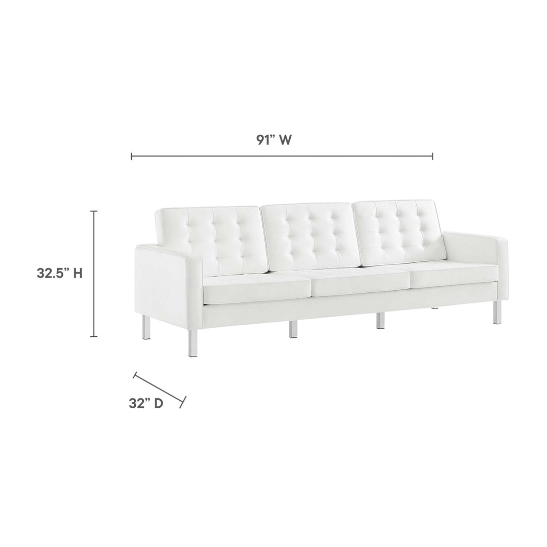 Loft Tufted Vegan Leather Sofa and Ottoman Set in Silver White