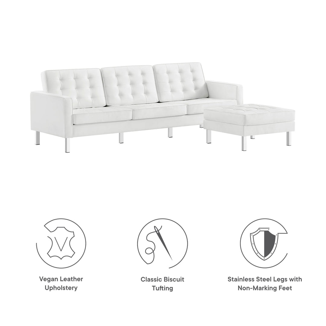Loft Tufted Vegan Leather Sofa and Ottoman Set in Silver White