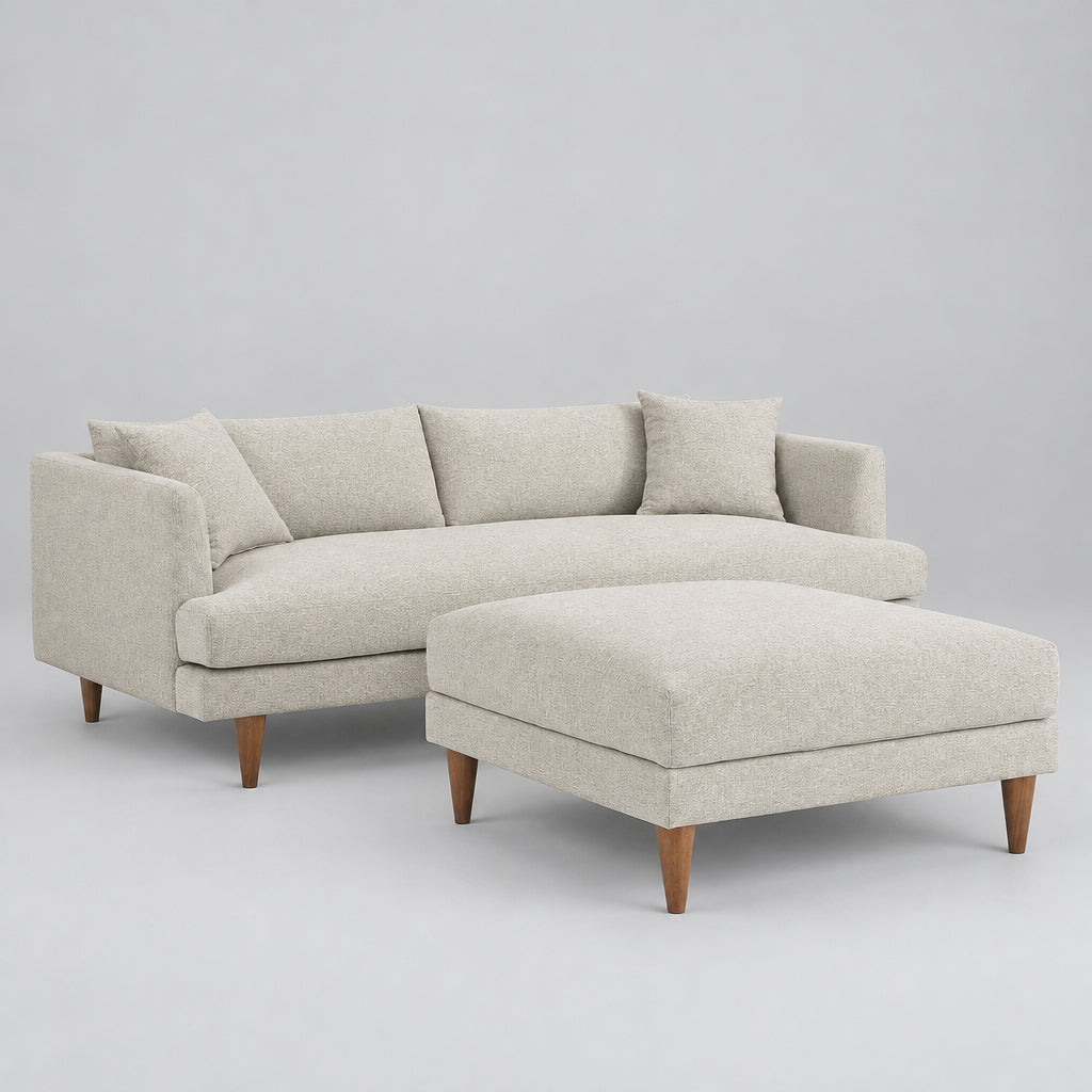 Zoya Down Filled Overstuffed Sofa and Ottoman Set in Heathered Weave Ivory