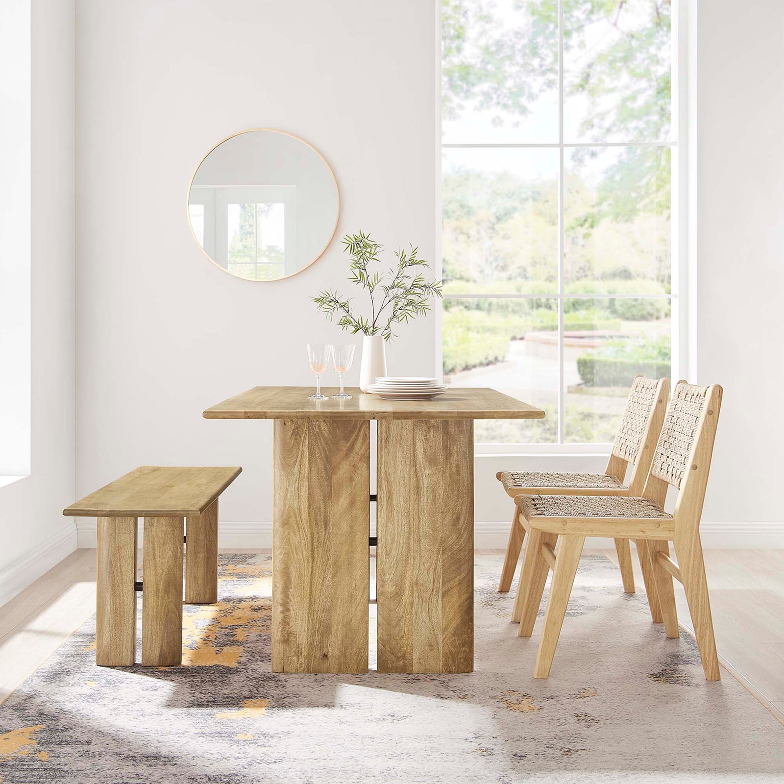 Amistad 60" Wood Dining Table and Bench Set in Oak