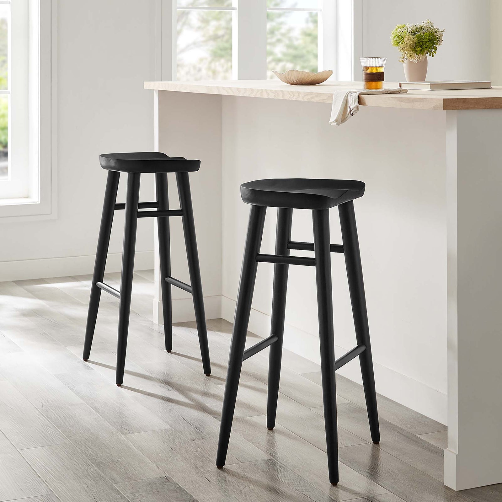 Saville Backless Wood Bar Stools Set of 2 in Black