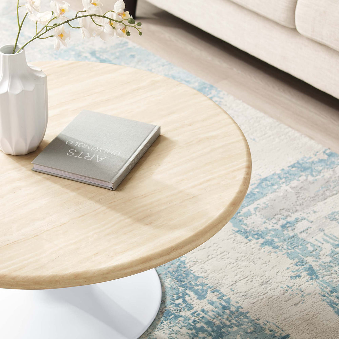 Lippa 36" Round Faux Travertine Coffee Table in White Travertine